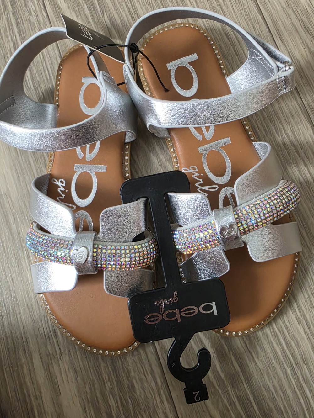 bebe Silver Girls Rhinestone-Embellished Strap Sandals